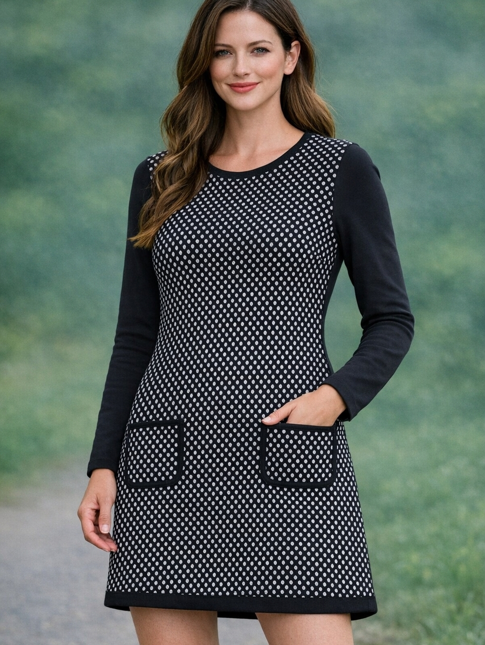Joseph Ribkoff Dress Woman's Size 8 Black And White Waffle Texture Mini Pockets